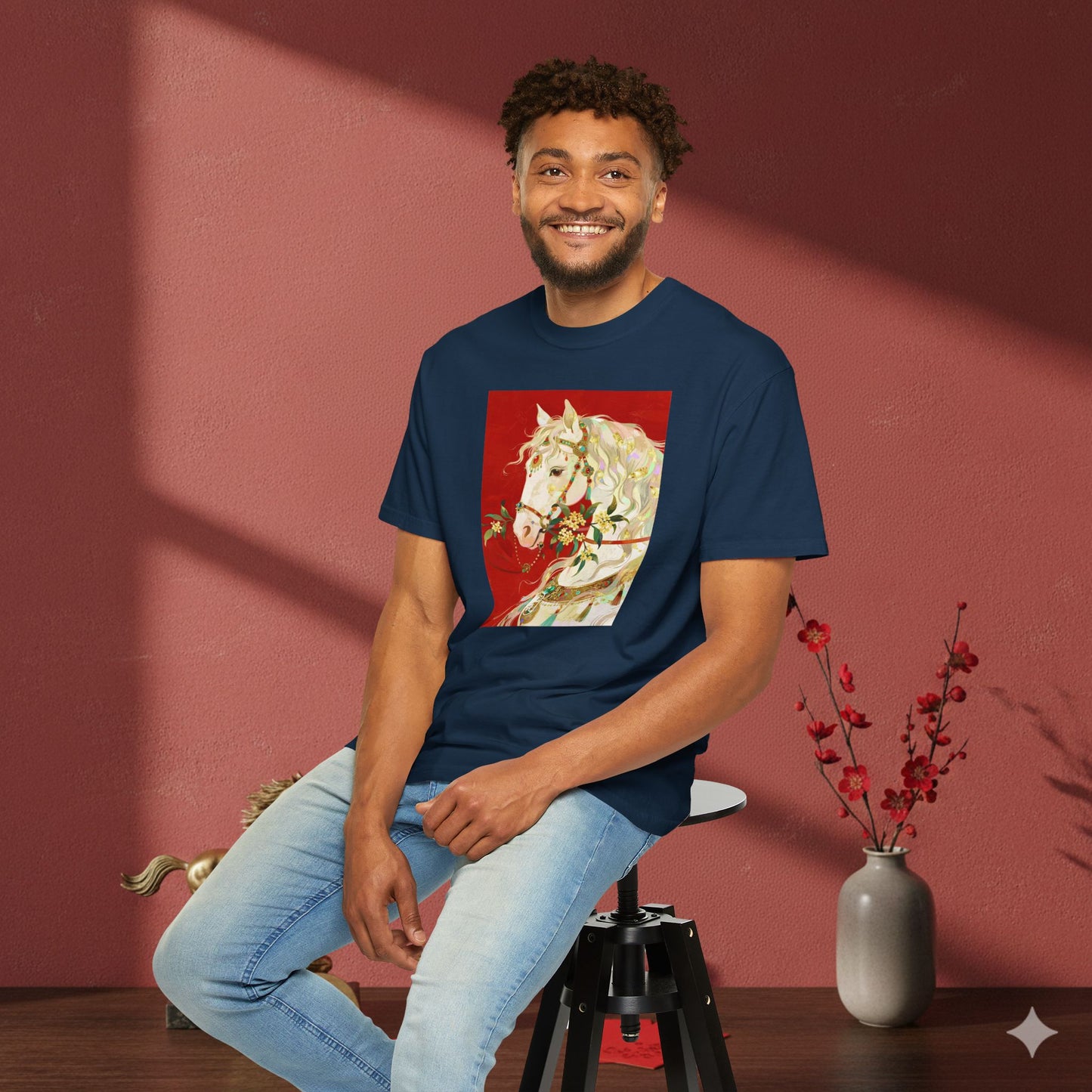 White Horse Floral Art T-Shirt — Elegant Horse Portrait Tee