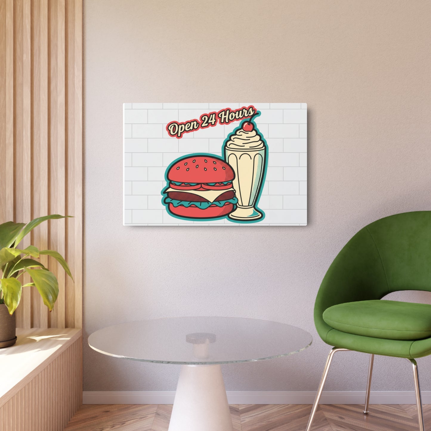 Open 24 Hours Diner Metal Sign — Retro Burger & Milkshake Wall Art
