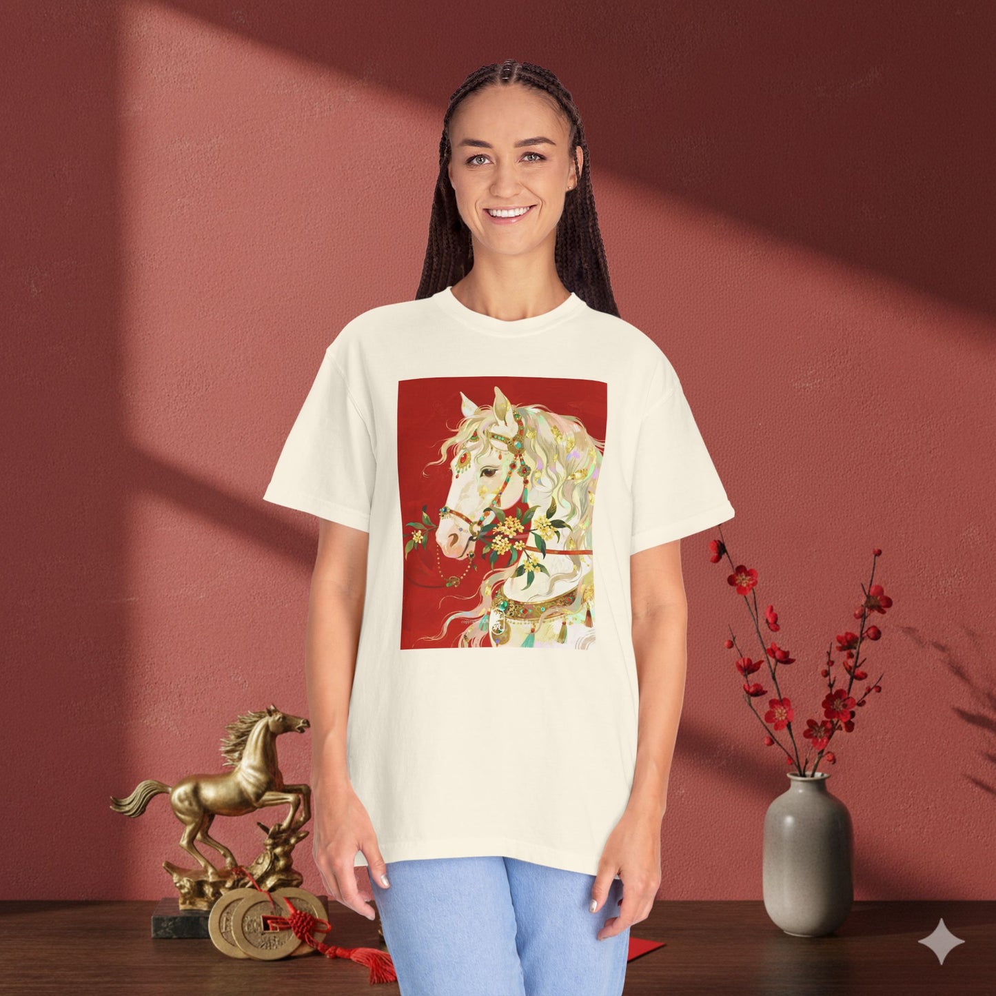 White Horse Floral Art T-Shirt — Elegant Horse Portrait Tee