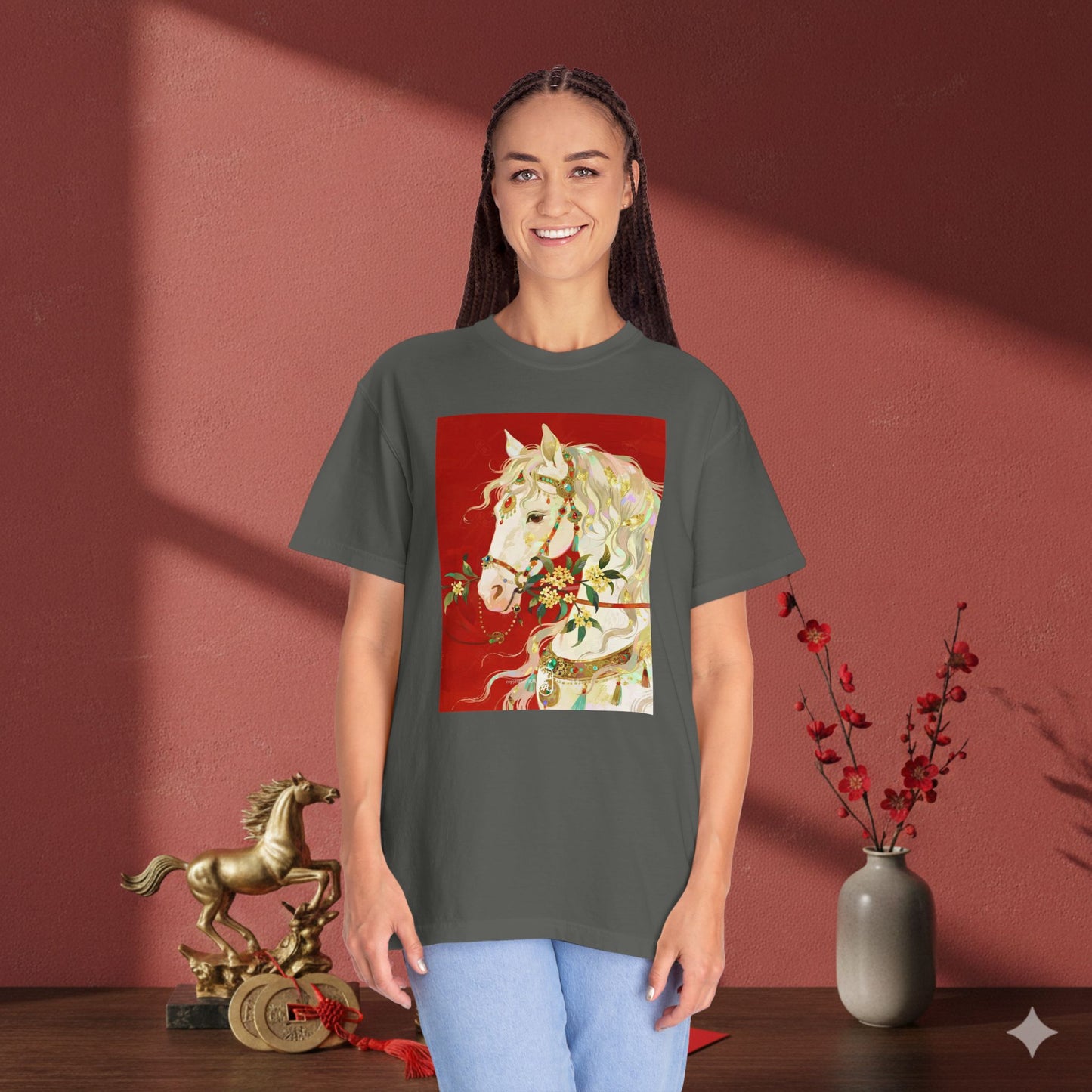 White Horse Floral Art T-Shirt — Elegant Horse Portrait Tee