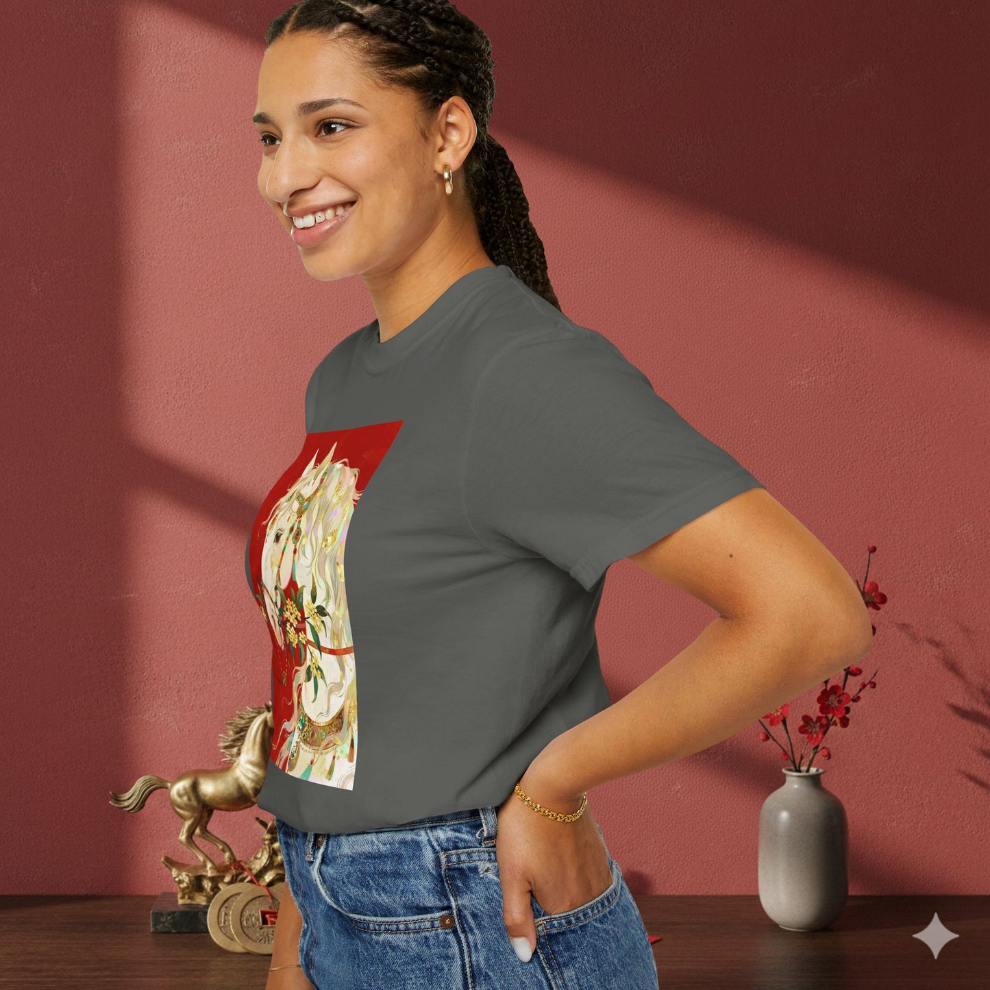 White Horse Floral Art T-Shirt — Elegant Horse Portrait Tee