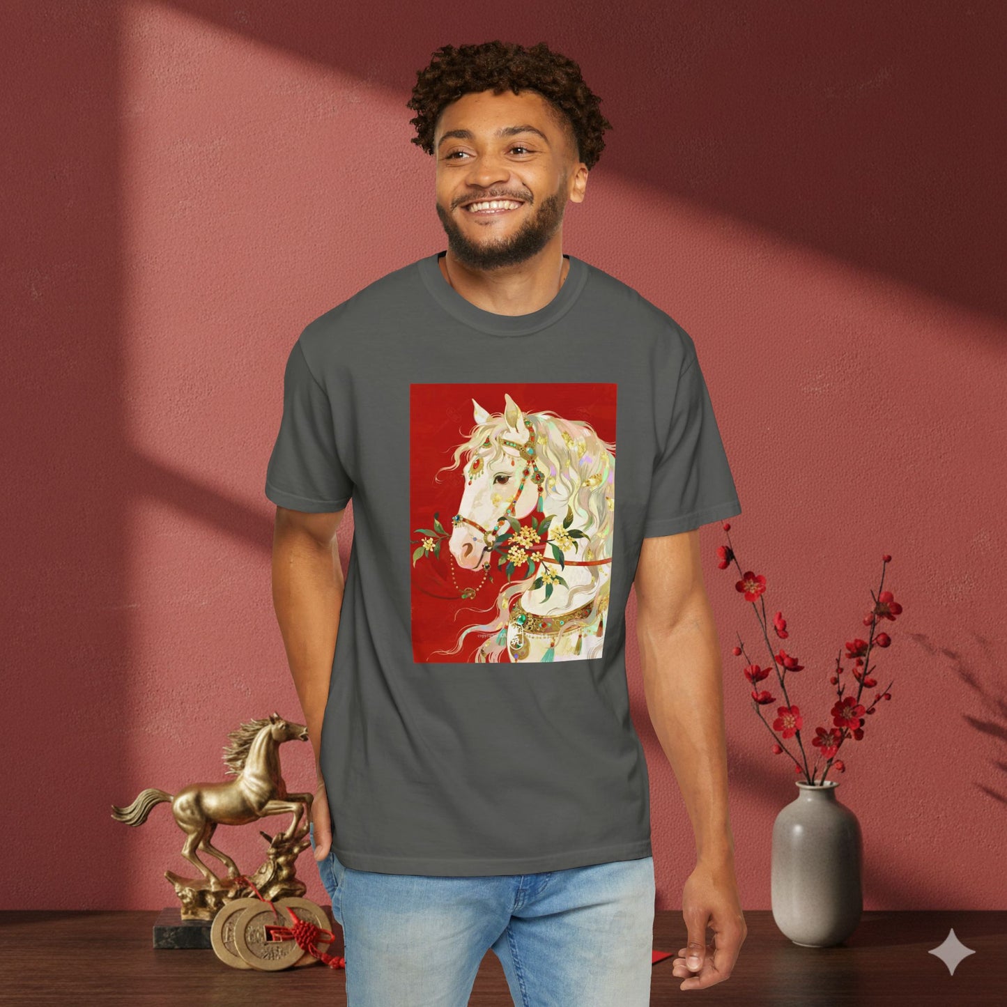 White Horse Floral Art T-Shirt — Elegant Horse Portrait Tee