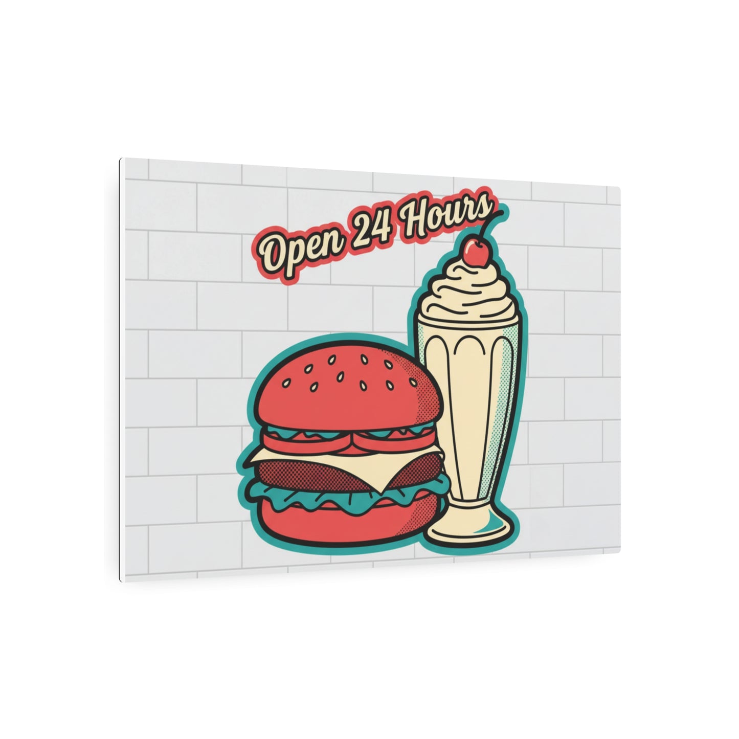 Open 24 Hours Diner Metal Sign — Retro Burger & Milkshake Wall Art