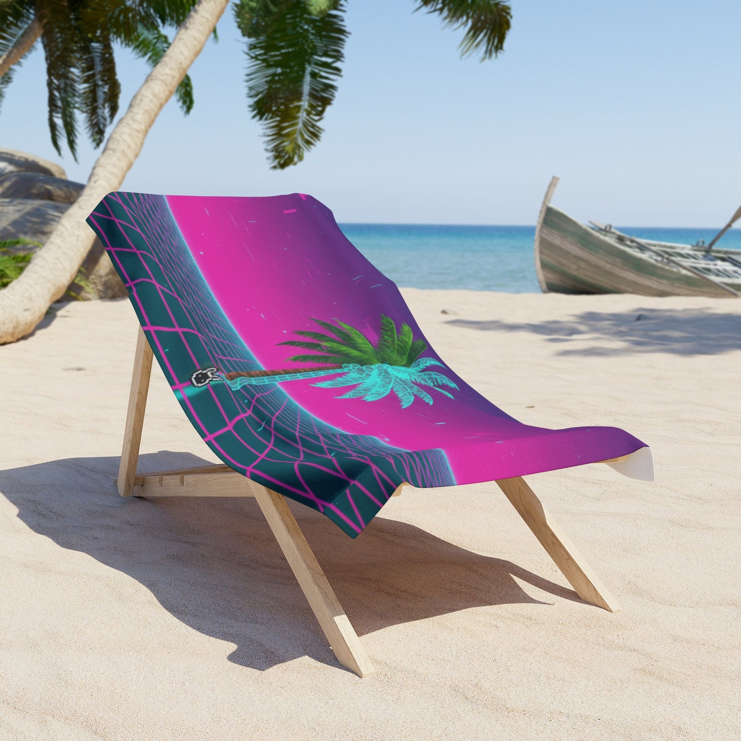 Retro Vaporwave Palm Beach Towel — Neon Grid Tropical Beach Towel