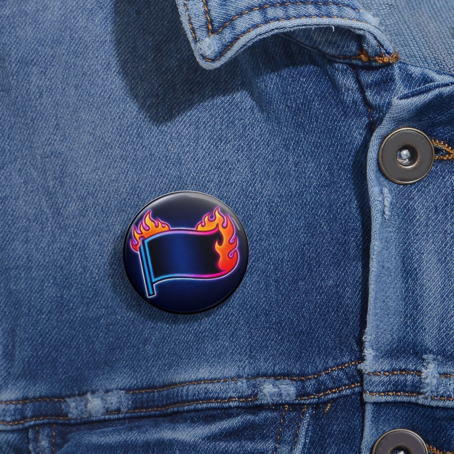 Flaming Neon Flag Pin Button — Retro Vaporwave Enamel Style Badge