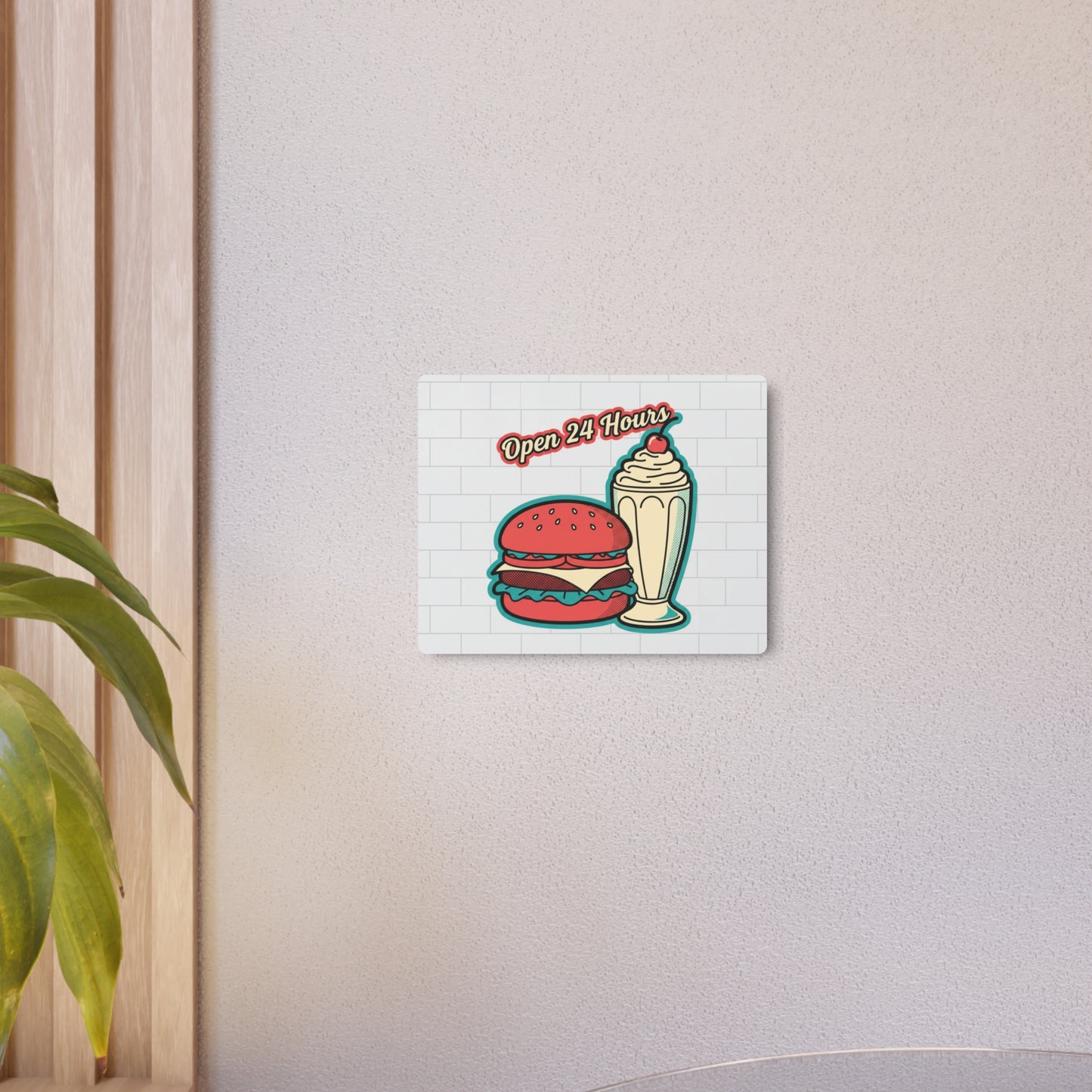 Open 24 Hours Diner Metal Sign — Retro Burger & Milkshake Wall Art
