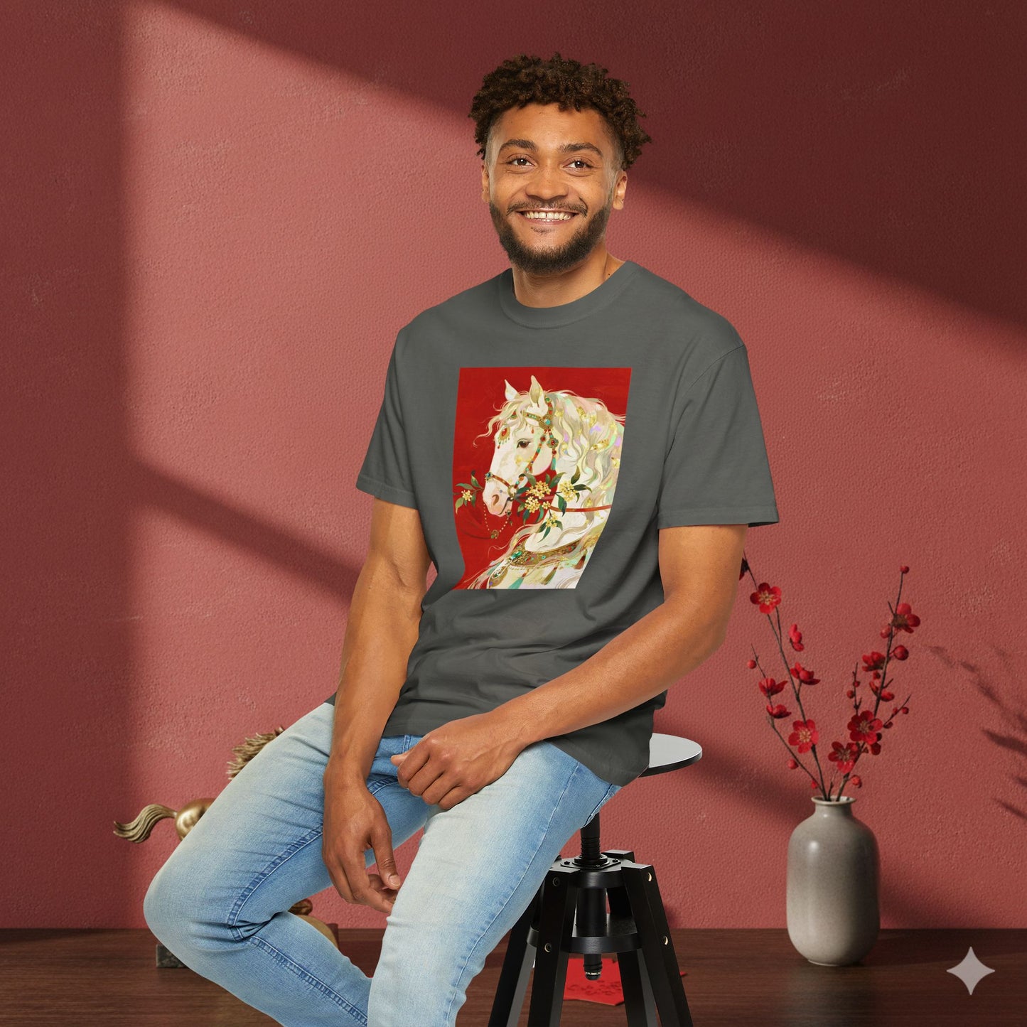 White Horse Floral Art T-Shirt — Elegant Horse Portrait Tee