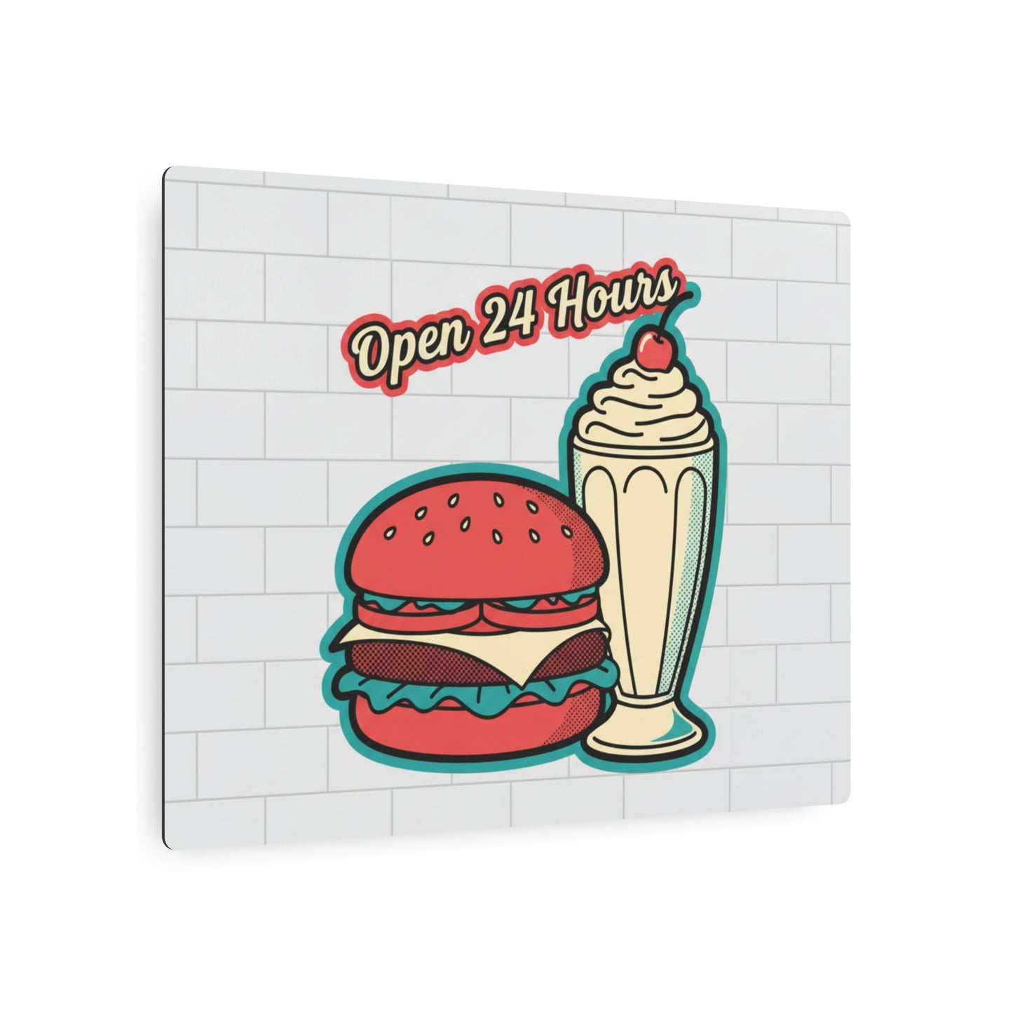 Open 24 Hours Diner Metal Sign — Retro Burger & Milkshake Wall Art