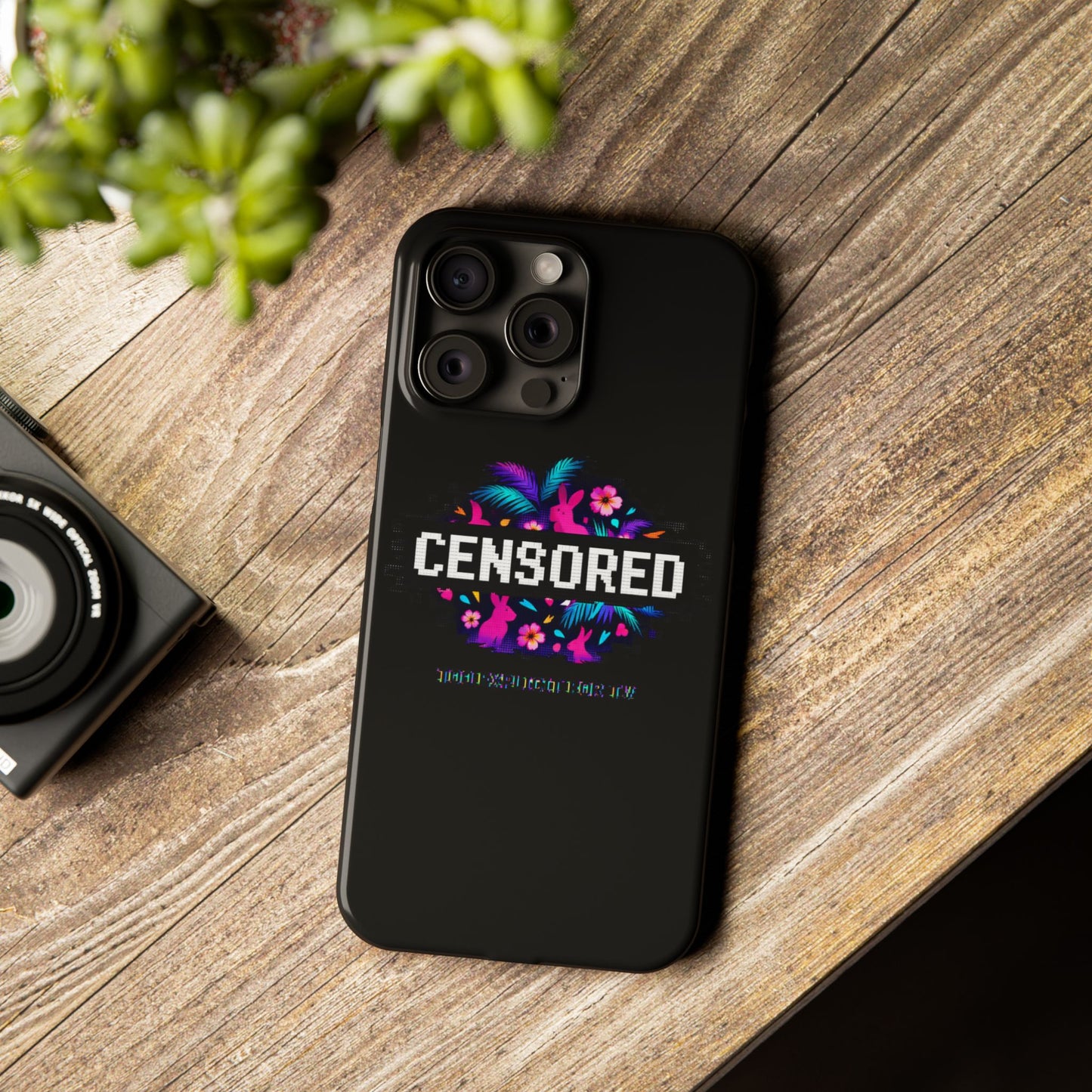 Censored Pixel Floral Slim Phone Case — Retro 8‑Bit Tropical Design