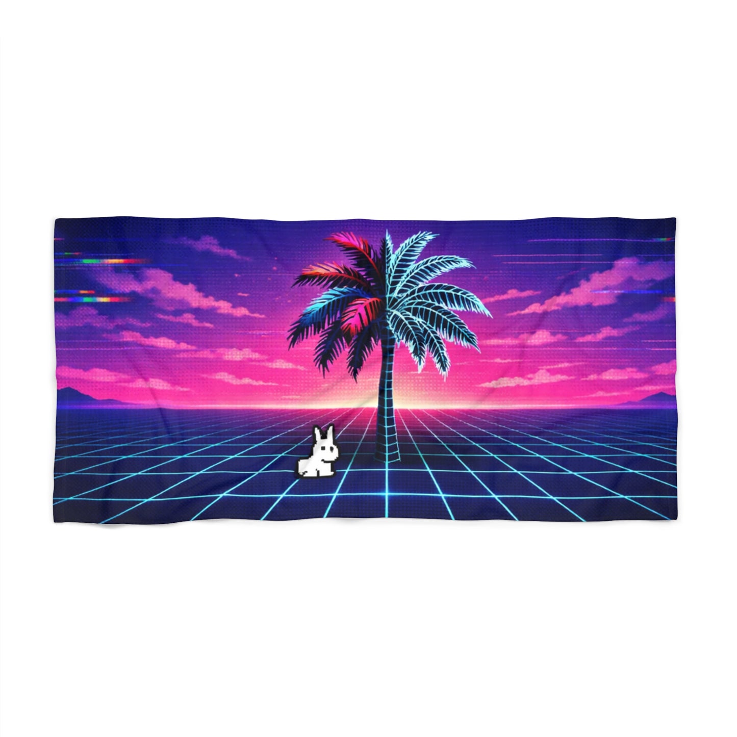 Retro Vaporwave Palm Tree Beach Towel — Neon Sunset Grid with Bunny