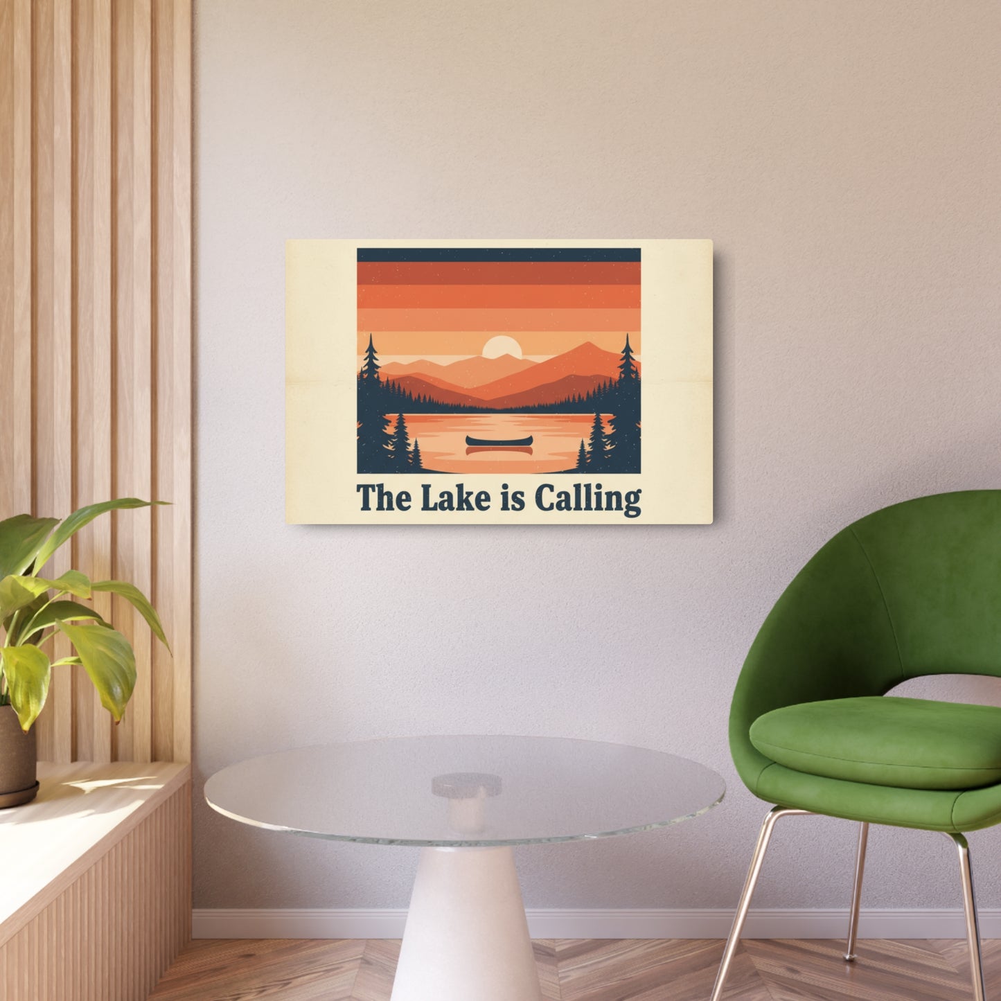 Metal Art Sign - 'The Lake Is Calling' Retro Sunset Cabin Wall Decor