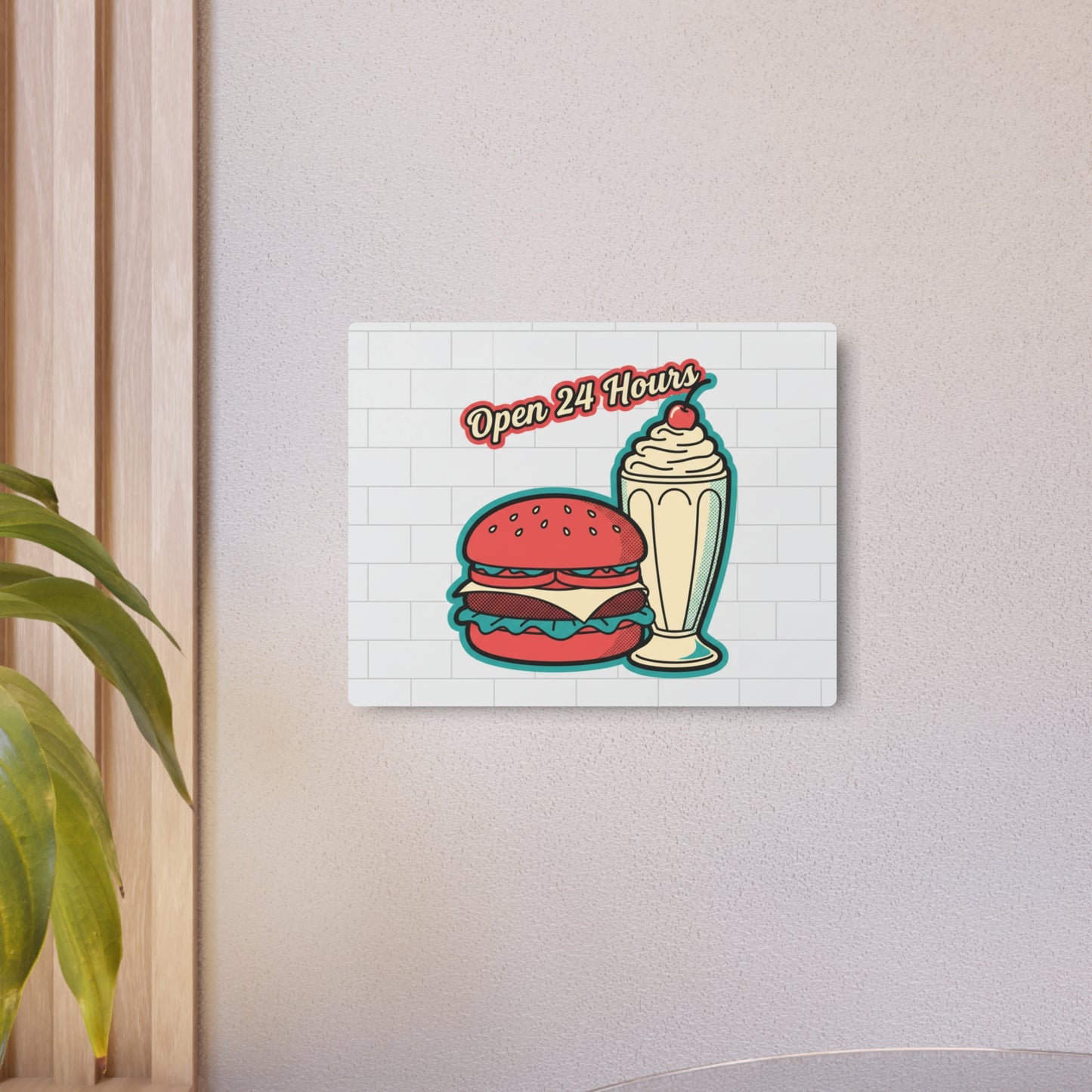 Open 24 Hours Diner Metal Sign — Retro Burger & Milkshake Wall Art
