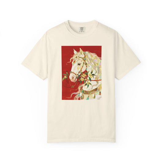 White Horse Floral Art T-Shirt — Elegant Horse Portrait Tee