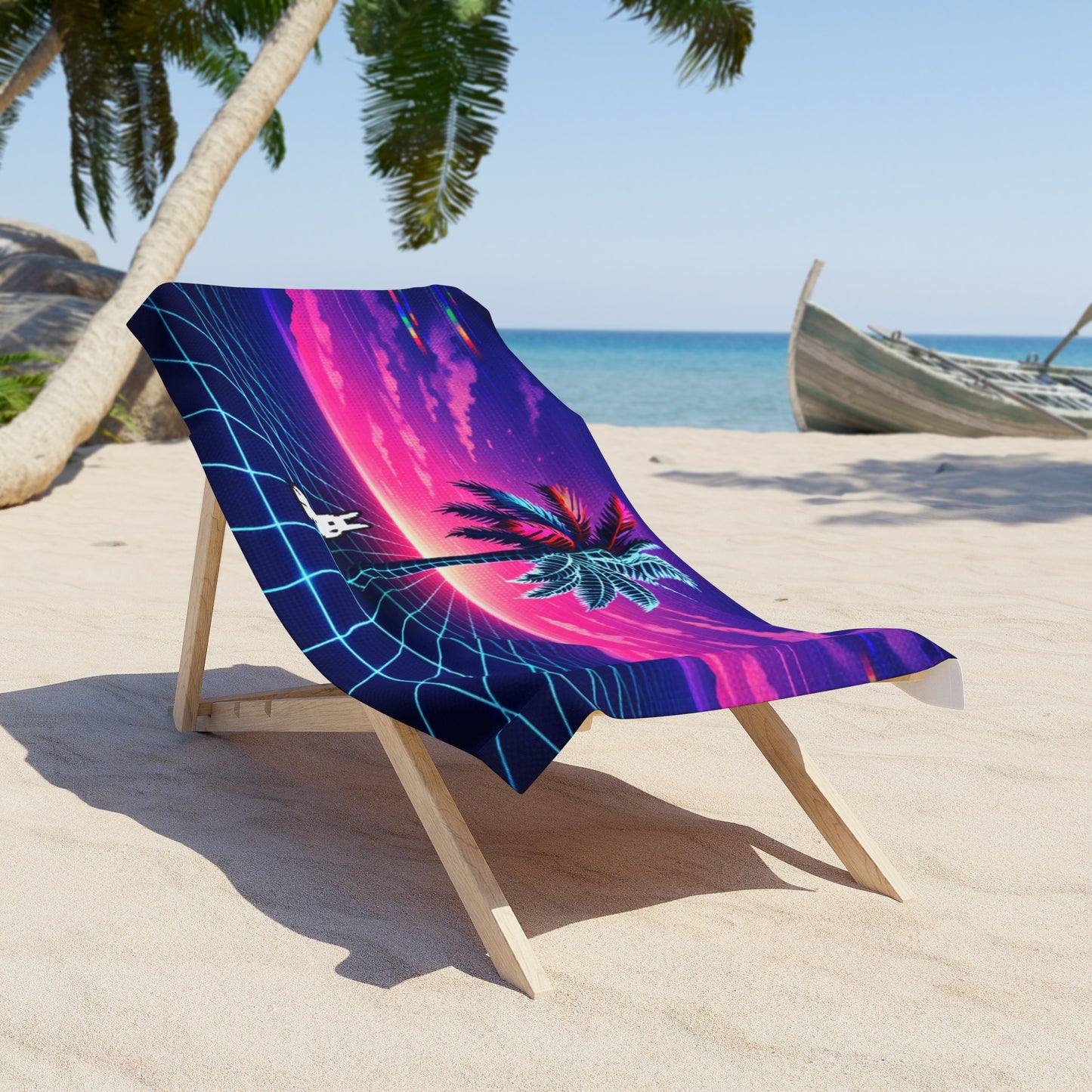 Retro Vaporwave Palm Tree Beach Towel — Neon Sunset Grid with Bunny