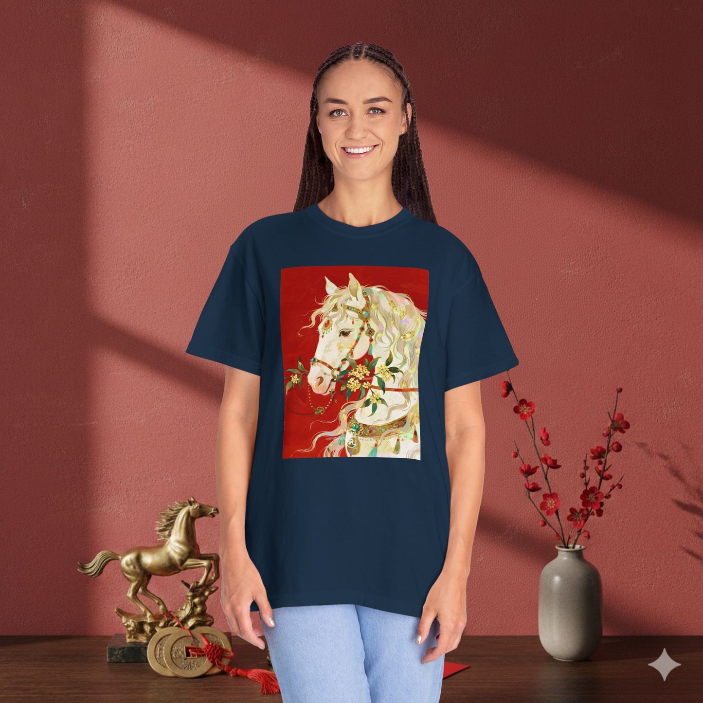 White Horse Floral Art T-Shirt — Elegant Horse Portrait Tee