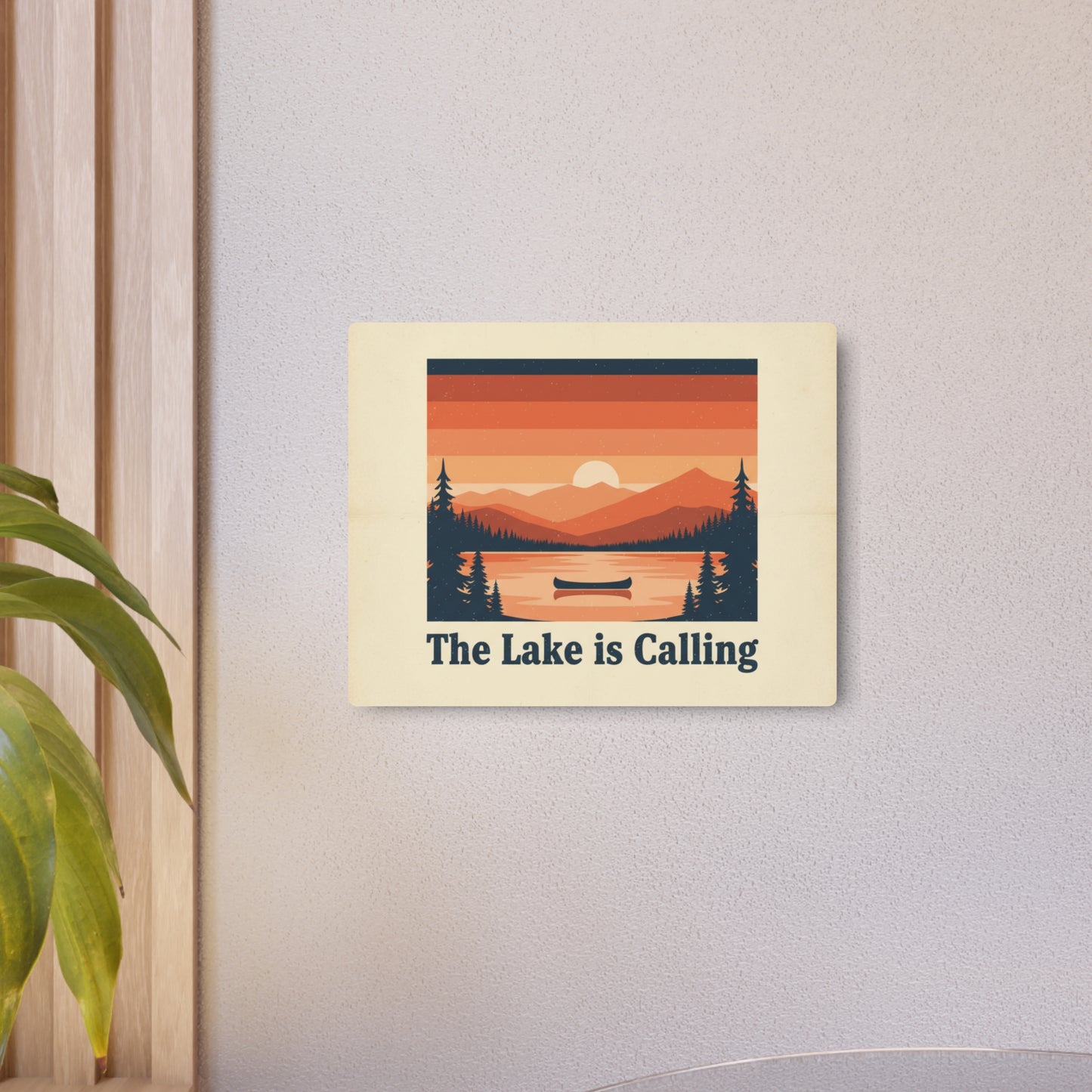 Metal Art Sign - 'The Lake Is Calling' Retro Sunset Cabin Wall Decor