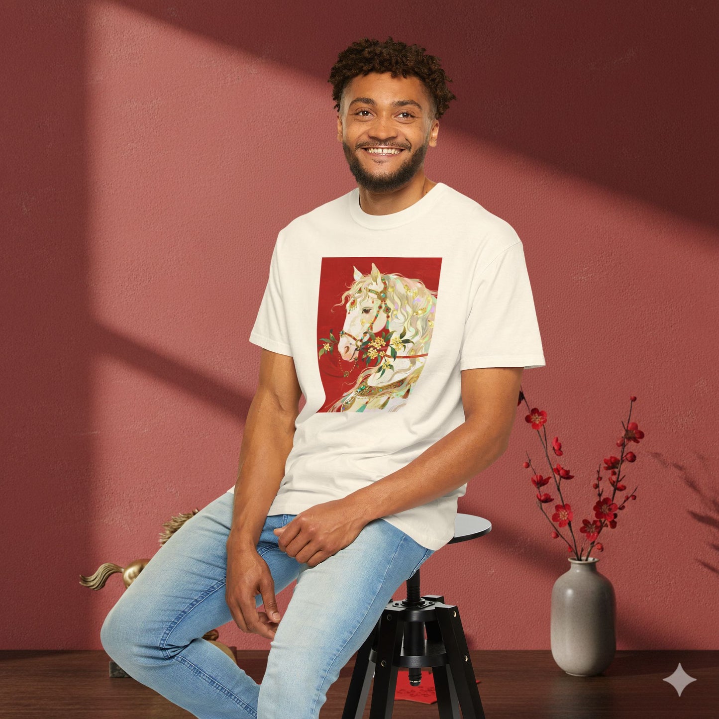 White Horse Floral Art T-Shirt — Elegant Horse Portrait Tee