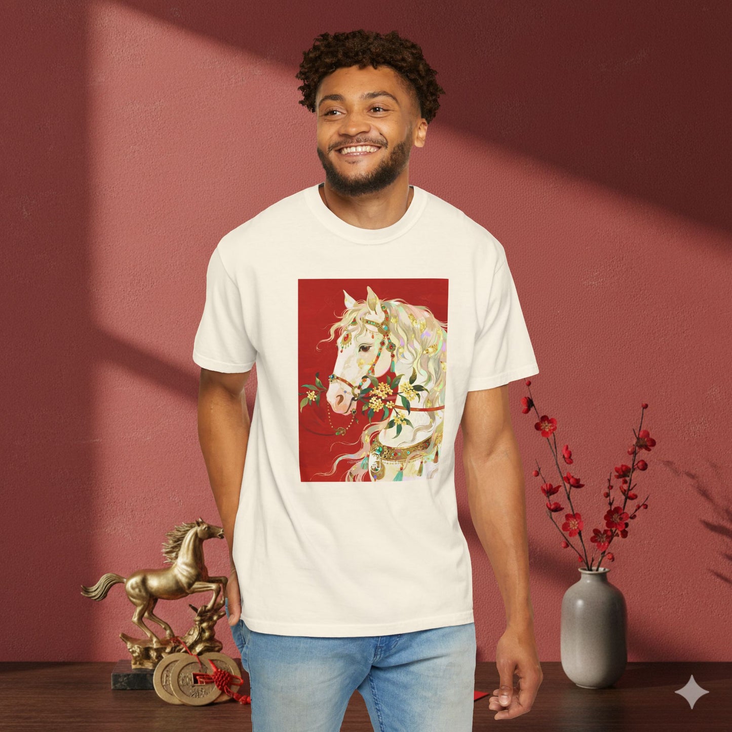 White Horse Floral Art T-Shirt — Elegant Horse Portrait Tee